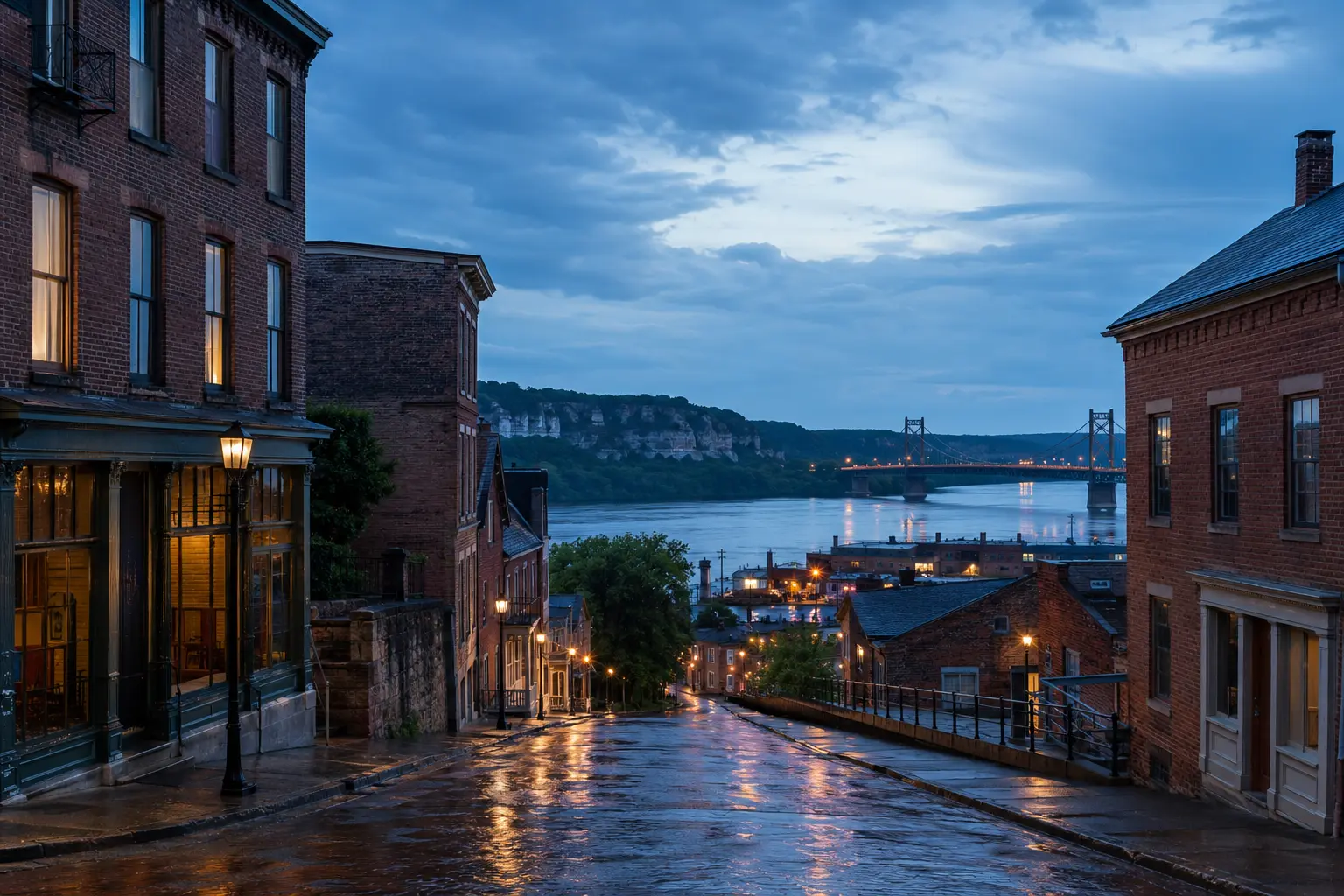 Conceptual after-rain brick street descending toward the Mississippi River